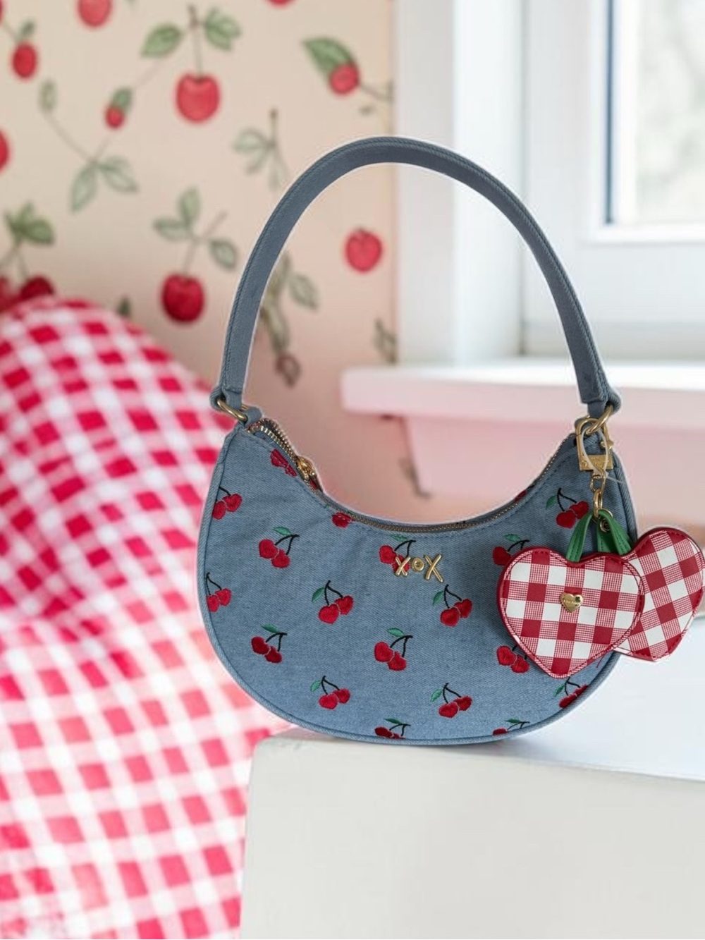 Betsey Johnson NWT DENIM CHERRY Demi SHOULDER BAG with huge bag charm